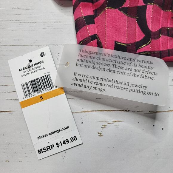 Alex Evenings Fuchsia Pink Black Metallic Print Blouse 3/4 Sleeve Wrap Top Small - Picture 9 of 10